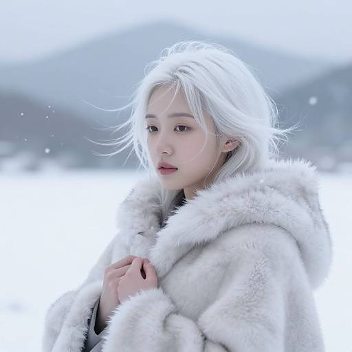 Photograph of a young woman with pale skin and white hair, wearing a fluffy white fur coat, standing in a snowy landscape.