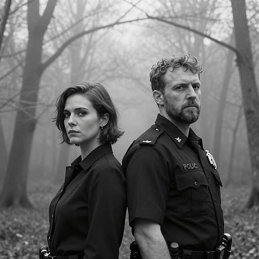 Black-and-White Police Officers in Misty Forest