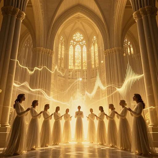 Photograph of silhouetted brides in flowing white gowns holding hands in a sunlit Gothic cathedral, with glowing light trails and tall, orn