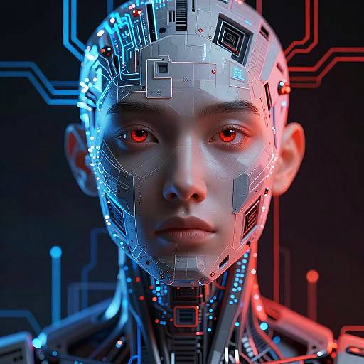 Digital CGI of a cybernetic human with glowing red eyes, semi-transparent robotic face, and intricate blue and red circuitry patterns.