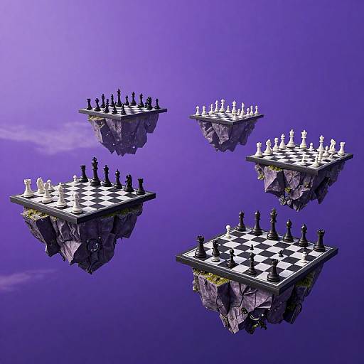Digital art of five floating chessboards with black and white pieces, suspended mid-air against a vibrant purple background.