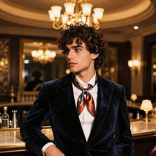 Man with Loose Curls in Velvet Jacket at Luxury Bar