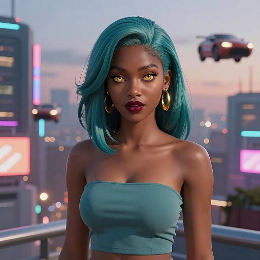 Digital artwork of a stunning Black woman with vibrant turquoise hair, glowing yellow eyes, wearing a teal tube top, gold hoop earrings, standing on a futuristic