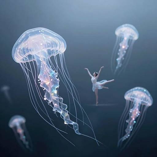 Photograph of a ballet dancer in a white tutu, arms raised, surrounded by glowing, translucent jellyfish in a dark blue underwater scene.