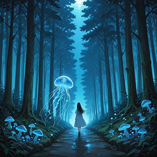 Girl Walking in Enchanted Jellyfish Forest