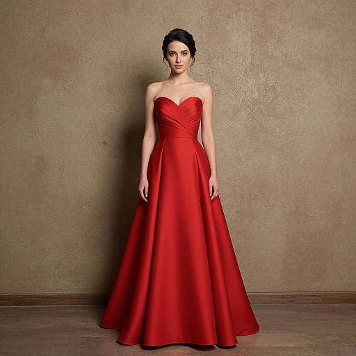 Photograph of a woman with pale skin and dark hair in an elegant, strapless, red satin evening gown, standing against a textured brown wall.