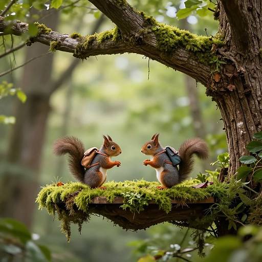 Photograph of two realistic, anthropomorphic red squirrels with tiny wings, sitting on a moss-covered tree branch in a sunlit forest, engaging in