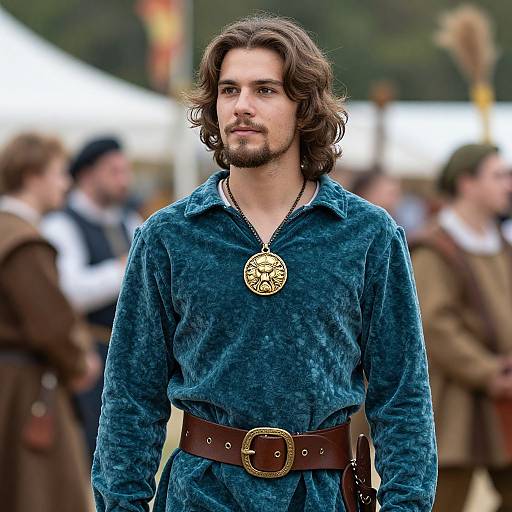 Photograph of a young man with wavy brown hair and beard, wearing a blue velvet tunic, brown belt, and gold pendant, set in