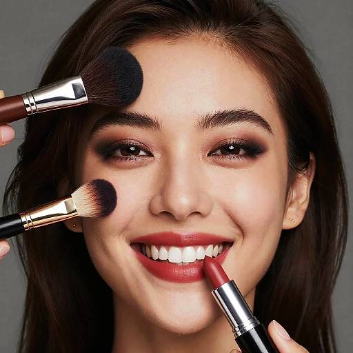 Smiling Woman with Makeup Tools