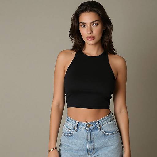 Photograph of a young woman with long dark hair, wearing a black halter top and high-waisted light blue jeans, standing against a plain