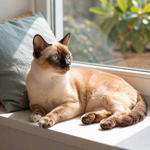 Photograph of a blue-eyed, cream and brown Siamese cat lounging on a sunlit windowsill, gazing outside with a cushion beside