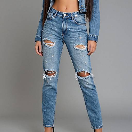 Photograph of a woman in blue, ripped skinny jeans with multiple large tears and white frayed edges, wearing a denim jacket, standing against a plain