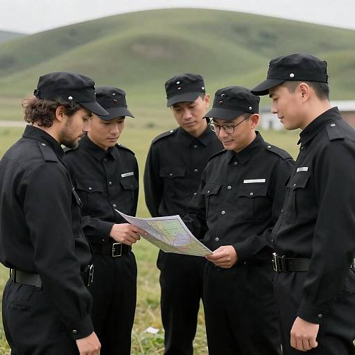 Men in Uniforms Analyzing a Map Outdoors