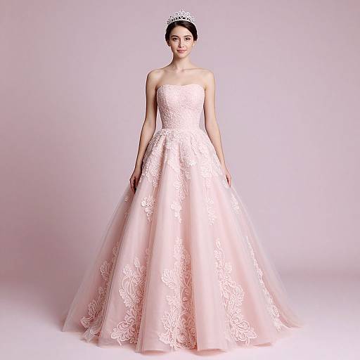 Photograph of a beautiful woman in a strapless, pink lace wedding gown with a full skirt, wearing a silver tiara, standing against a plain