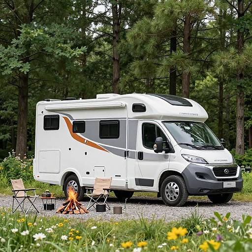Photograph of a white motorhome with orange stripes parked on a gravel patch in a forest, beside a campfire and folding chairs. Yellow and white
