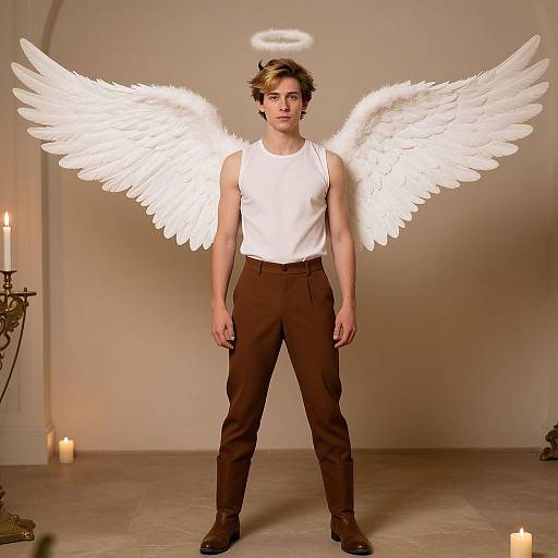Photograph of a young man with white angel wings, halo, white tank top, brown pants, and boots, standing in a candlelit room.