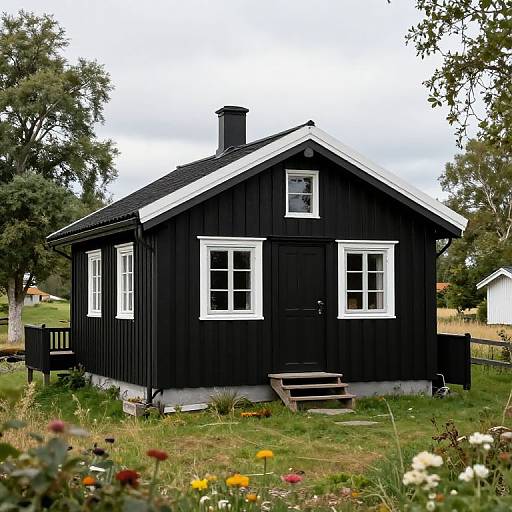 Photograph of a black wooden cottage with white trim, located in a grassy, flower-filled garden surrounded by trees, under a cloudy sky.