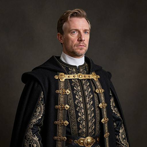 Photograph of a stern-faced, light-skinned man with short brown hair, wearing an elaborate, black, gold-embroidered, Renaissance-style