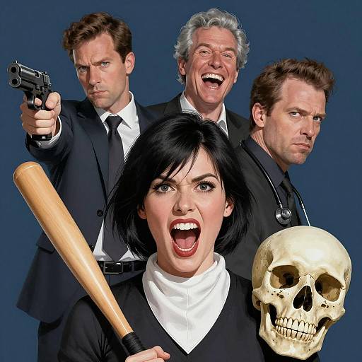 Intense Group of Four with Bat, Skull, and Gun