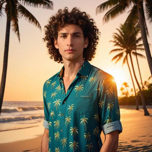 Curly-Haired Man at Sunset Beach