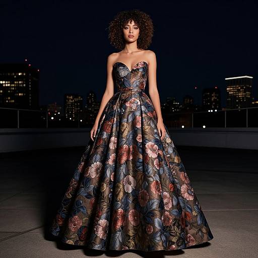 Photograph of a curly-haired woman in a strapless, floral-patterned ball gown, standing on a rooftop at night with city lights in the background