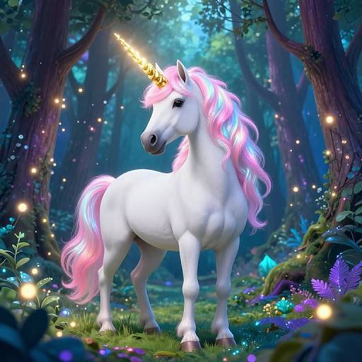 Digital illustration of a glowing white unicorn with a pink and blue mane, standing in a magical, enchanted forest with fireflies and colorful flowers.