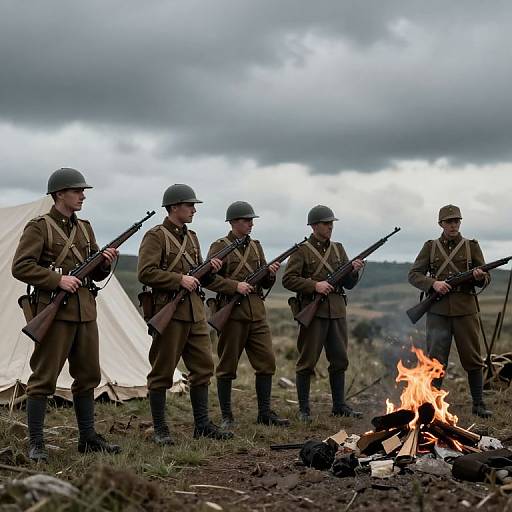 Photograph of five World War II-era soldiers in brown uniforms and steel helmets, standing in line with rifles, beside a campfire and white tent,