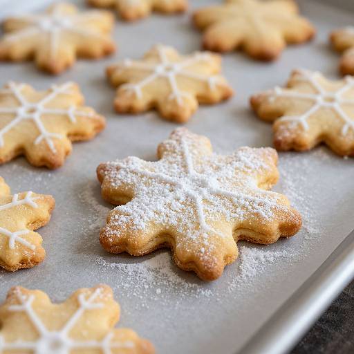 Close-up photograph of star-shaped sugar cookies on a baking sheet, dusted with powdered sugar, featuring white glaze lines.
