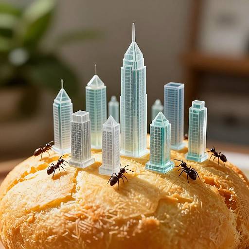 Photograph of glowing blue glass skyscrapers on a textured yellow cake, with black ants crawling around the base.