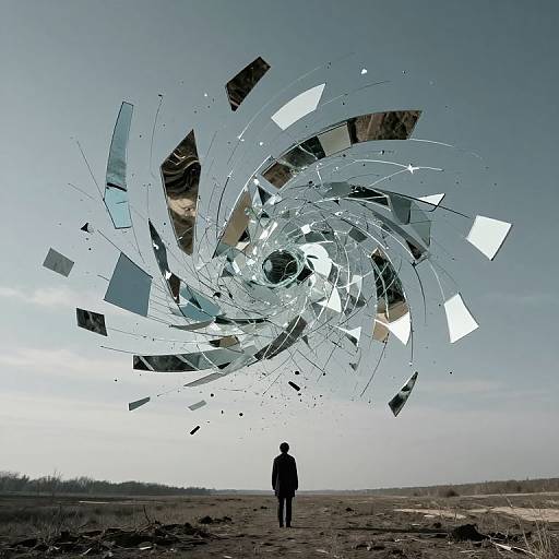 Photograph of a solitary figure in a dark coat standing before a swirling, glass-like vortex of reflective shards in a barren, open field under a clear