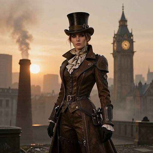 Steampunk woman in brown leather coat, top hat, white ruffled collar, black gloves, standing in front of a sunset-lit London skyline