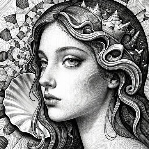 Black-and-white digital drawing of a serene, wavy-haired woman with a crown of seashells, surrounded by geometric patterns. Her large eyes and