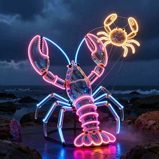 Neon crab sculpture with glowing blue and pink lights, holding a yellow neon starfish, against a dark, stormy ocean backdrop.