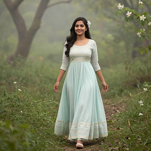 Photograph of a smiling Indian woman with long black hair, wearing a white blouse and light blue, lace-trimmed, ankle-length dress, standing