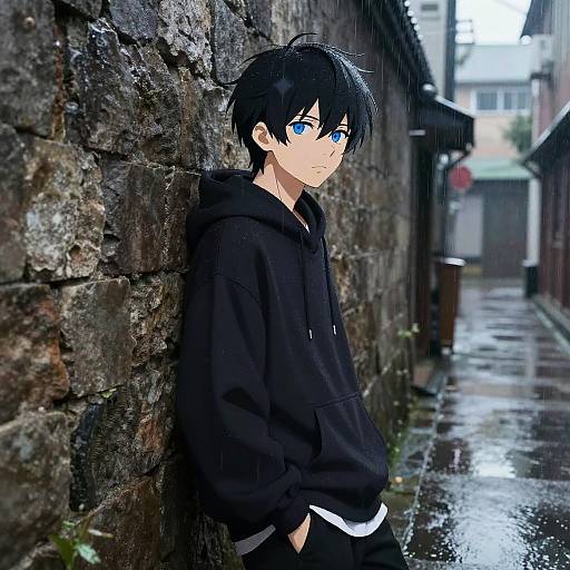 Anime-style drawing of a black-haired, blue-eyed boy in a black hoodie, leaning against a wet, stone alley wall on a rainy day.