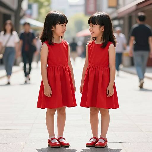Two Girls in Red Dresses on Street