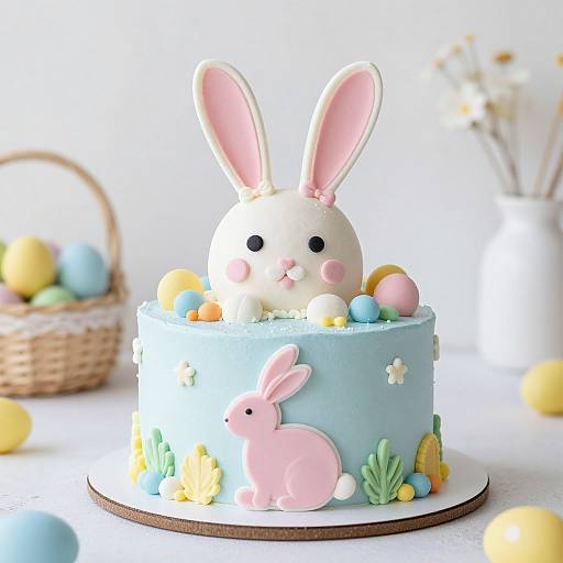 Easter-themed cake with blue icing, pink bunny topper, and pastel eggs, surrounded by basket and scattered eggs in bright photo.