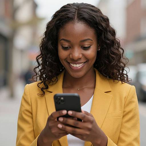 Smiling Black Woman Using Smartphone Outdoors