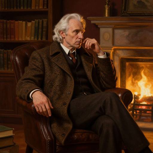 Photograph of an older white man with white hair, wearing a dark brown patterned coat, black suit, and tie, sitting in a leather arm