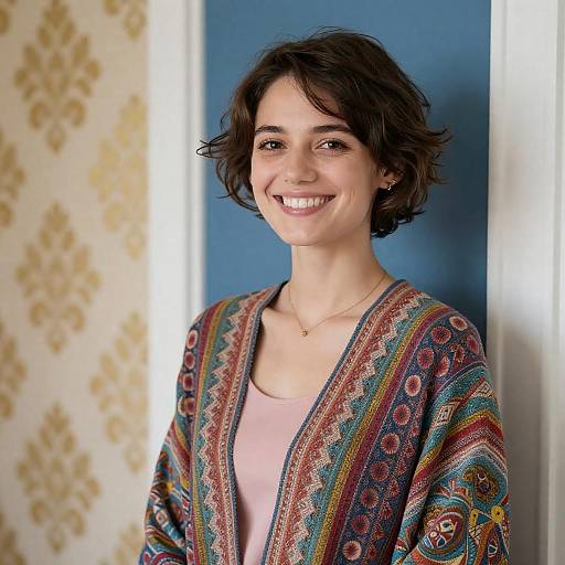 Smiling Woman in Vibrant Shawl Setting