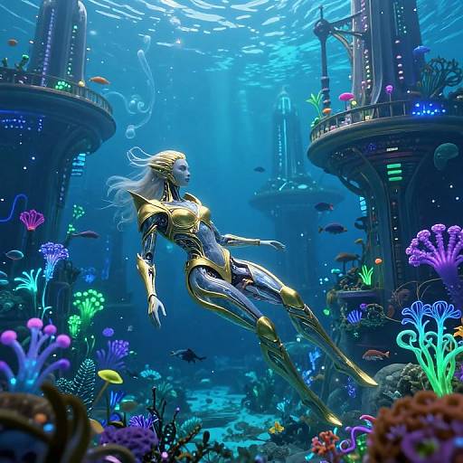 Enchanted Underwater Metropolis with Cybernetic Being