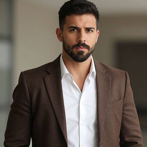 Photograph of a serious-looking, bearded man with dark hair, wearing a brown blazer over a white shirt, against a blurred indoor background.
