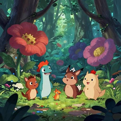 Digital illustration of five colorful, cute, cartoon-like creatures with red or blue tufts of hair standing in a lush forest with giant red and purple flowers