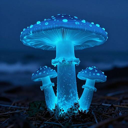 Photograph of glowing blue mushrooms with luminescent caps and speckled tops, standing in dark, grassy forest at night.