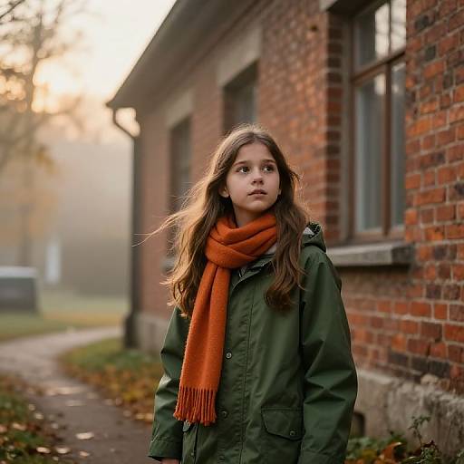 Curious Girl in Misty Autumn Scene