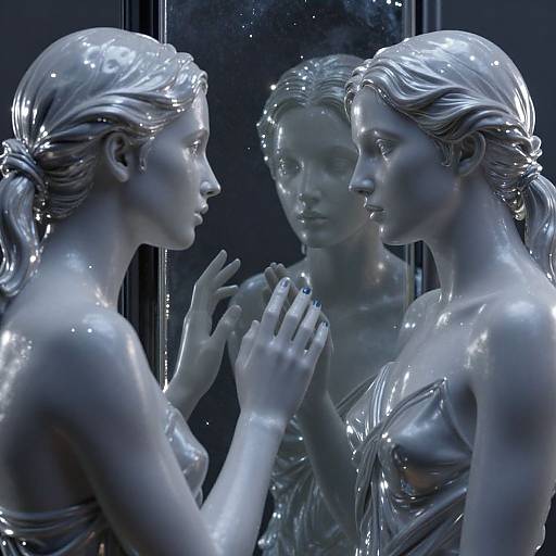 Photorealistic digital artwork of three silver-toned, glossy statues with elegant hair, clasped hands, and strapless dresses, reflecting in a dark