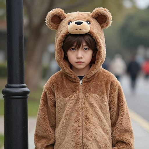Photograph of a young boy with fair skin, brown eyes, and dark hair, wearing a brown bear hoodie with ears and face, standing outdoors on