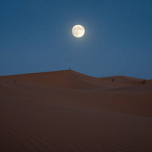 Photograph of a desert with rippled sand dunes under a bright full moon in a clear, deep blue night sky. A lone figure stands atop