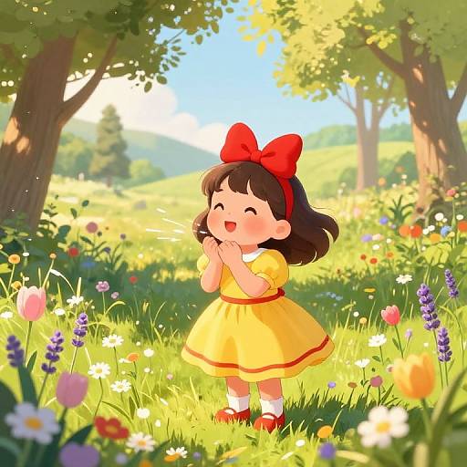 Cute anime-style girl with red bow, yellow dress, clapping in sunlit meadow filled with colorful flowers and tall trees.