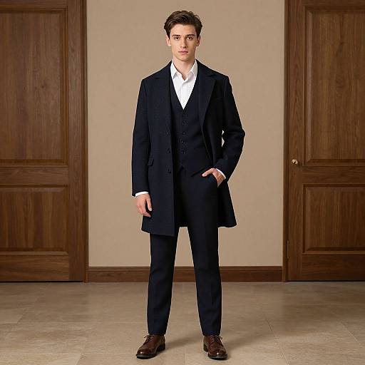 Photograph of a young man with short brown hair, standing confidently in a beige room. He wears a black three-piece suit, white shirt, and